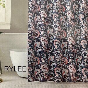 RYLEE Navy Shower Curtain With Hooks Size 70 x 72 in